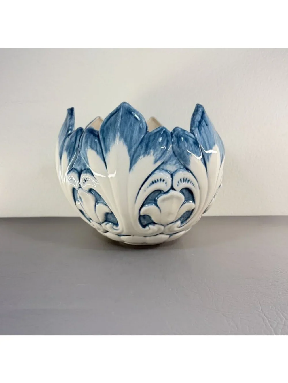 Italian Style Blue White Majolica Petal Cachepot Large Floral Centerpiece Bowl